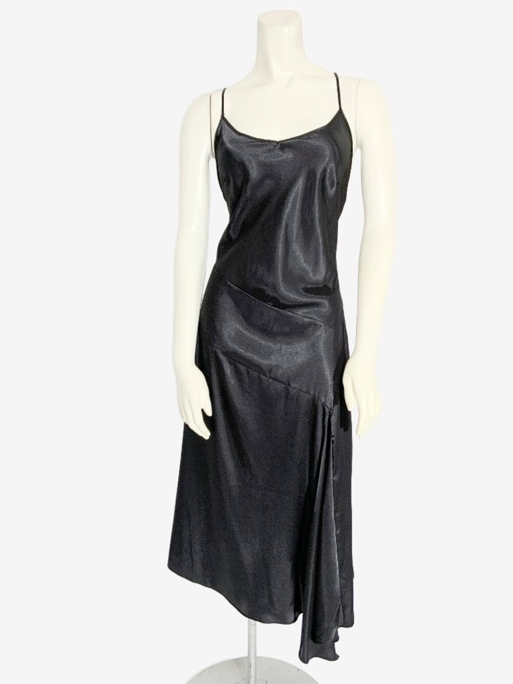 Vintage Y2K Black Satin Asymmetrical Hem Slip Dress / Made in Korea / size Large